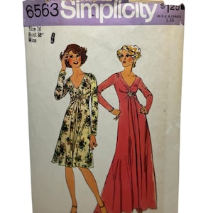 Vintage 1970s Simplicity 6563 Misses Dress in Two Lengths Sewing Pattern Empire Waist Evening Length Maxidress Size 16 Bust 38