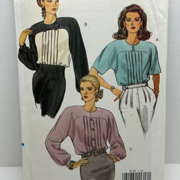 Vintage Vogue 8138 Misses Pin Tuck Blouse Sewing Pattern  Loose Short or Long Sleeves Sizes 12-14-16 Bust 34-36-38  UNCUT FF