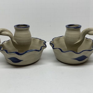 Pair Candle Holders Stick Williamsburg pottery Gray With Blue Whale Ruffle Edge