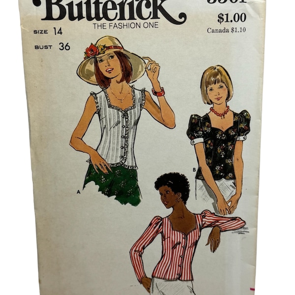 Misses Heart Shaped Neckline Tops Butterick 3501 Sewing Pattern Puffed Sleeves or Sleeveless Sweetheart Neckline 1970s Size 14 B36 UNCUT FF