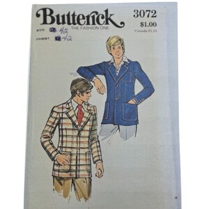May include: Vintage Butterick sewing pattern 3072 featuring illustrations of jackets. The pattern includes sizes for Teen Boys and Men's jackets. The cover has the text "Butterick" and "The Fashion One".