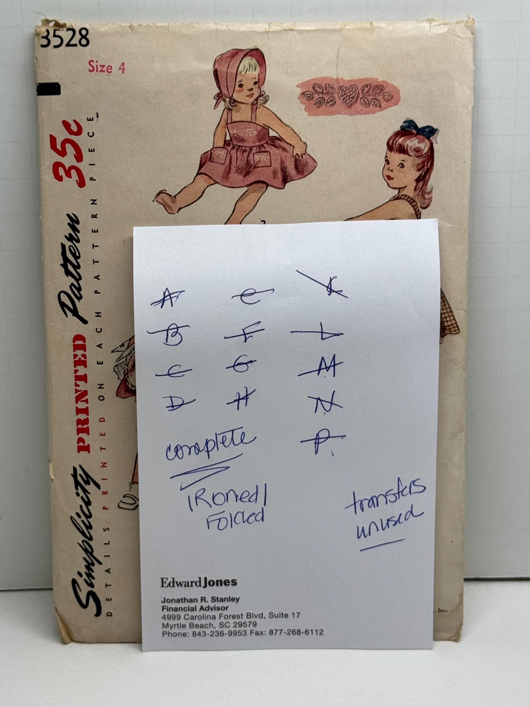Simplicity 3528 Girl's 1950s Sundress Pinafore Dress and Bonnet
