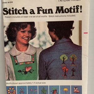 Vintage 70s Butterick 4686 Stitch a Fun Motif Embroidery Transfer Appliqués Craft Pattern Cross Stitch Crewel UNCUT FF