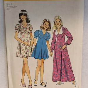 Vintage 1970s Simplicity 6186 Girls Cottagecore Dresses Sewing Pattern V-Neckline Shaped Bodice Girl‘s Size 8 Bust 27 UNCUT FF