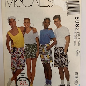 McCalls 5982 Unisex Boxer Shorts Sewing Pattern Misses Women Men Teen Size Small 34 1/2 & 36 Complete Cut 1990s