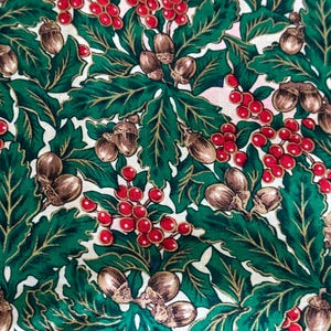 Hoffman Christmas Fabric Cotton Winter Holly Berries Acorns Green Red Metallic Gold Sold By the Yard