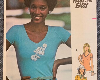 Vintage 1970s Butterick 4786 Misses Tee Shirts Tops Blouse Sewing Pattern Fast and Easy V-Neck 3 Styles Size 14 Bust 36 UNCUT FF