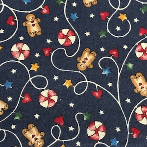 Retired Dianna Marcum Cotton Christmas Fabric Gingerbread Toss Peppermints Hearts Stars Navy Blue Background Vintage  90s Choose Length