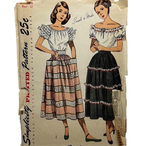 Simplicity 2391 Misses Full Skirt and Off the Shoulder Blouse Top Sewing Pattern Vintage 1950s Rockabilly Size 14