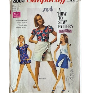 May include: Simplicity sewing pattern number 8063 for a 'How to Sew' pattern. The pattern includes instructions for a mini-length skirt with a wrap-around design. The pattern is for misses' sizes and includes a tissue lesson chart on how to apply neckline facings.
