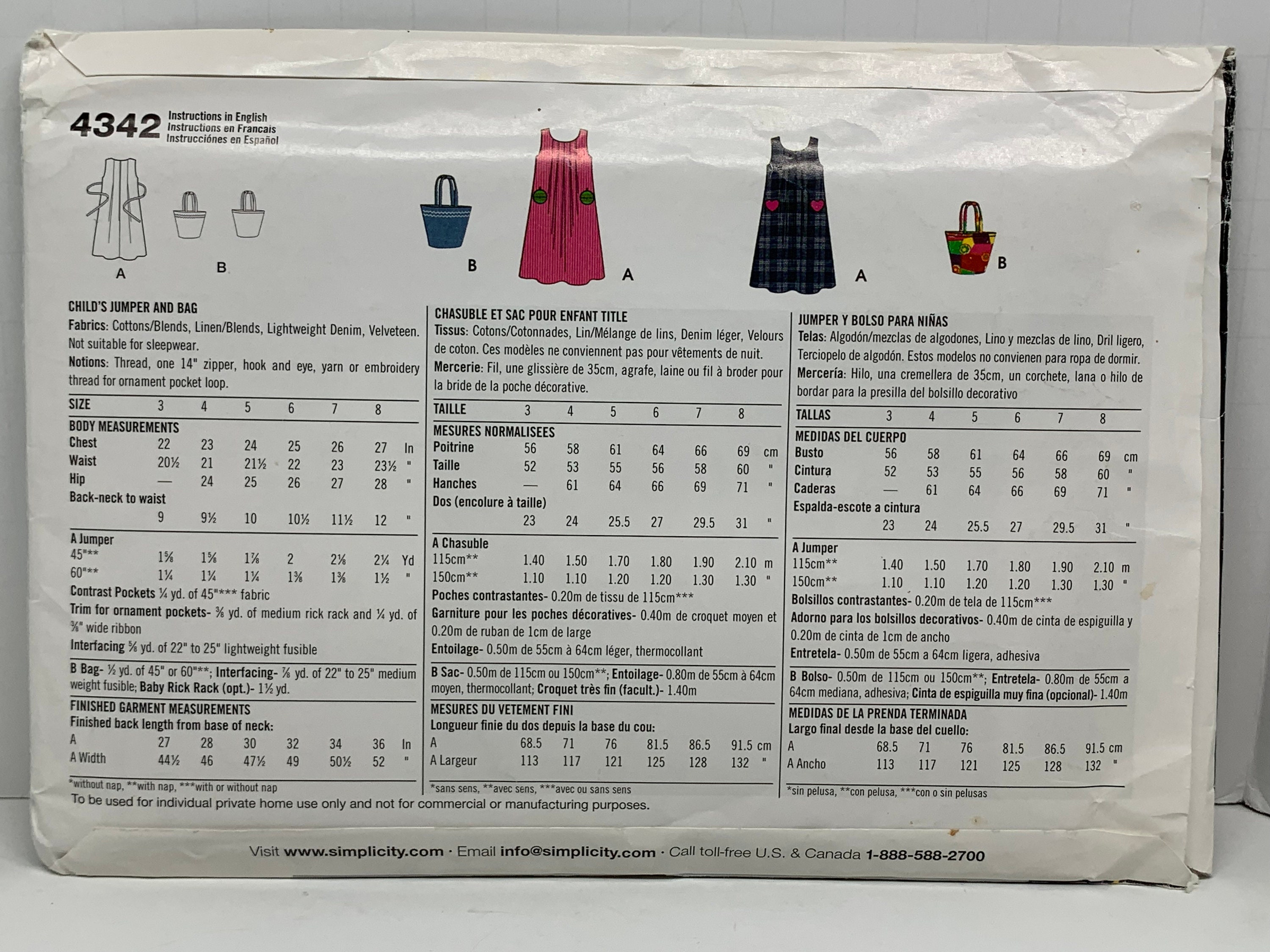 4342 Pattern Girl’s Jumper Dress and Tote Handbag Sewing Pattern Simplicity 4342 ...