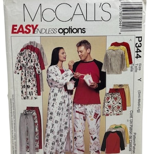 May include: A sewing pattern for a pajama set with a robe. The pattern is for sizes small, medium, and large. The pattern includes a red, white, and blue print with Chinese characters. The pattern is from McCall's Easy Endless Options and is pattern number P344.
