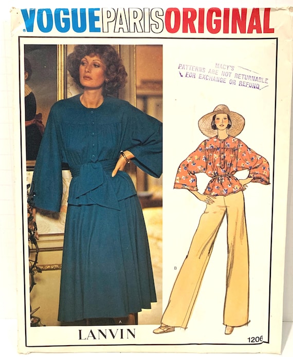 Vintage Vogue 1206 Paris Original Designer  Lanvin Misses Pullover Top Skirt Pants And Sash Sewing Pattern Size 12 UNCUT FF