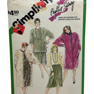 May include: Simplicity sewing pattern number 6496 for large sizes, designed by Phyllis Sidney. The pattern features four different dress styles, including a long-sleeved dress with a button-up front, a short-sleeved dress with a round neckline, a long-sleeved dress with a collar, and a short-sleeved dress with a round neckline and a skirt.