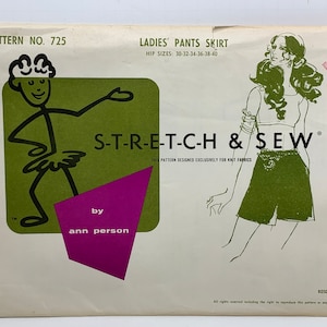 Vintage 1960s Misses Pant,  Skirt and Hostess Pants Two pc Sewing Pattern Stretch & Sew 725 Complete in 1 Hour.   Hip Sizes 31-40” UNCUT FF