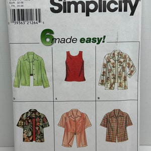 May include: A sewing pattern for six different tops, including a sleeveless top, a short-sleeved top with a floral print, a short-sleeved top with a tropical print, a short-sleeved top with a solid color, a short-sleeved top with a plaid print, and a short-sleeved top with a solid color. The pattern is from Simplicity and is labeled "made easy!" The pattern number is 8013.