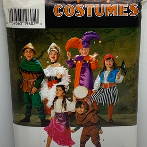 May include: Simplicity Costumes sewing pattern number 0639 for children's costumes. The pattern includes five costumes: a jester, a pirate, a medieval peasant, a gypsy, and a medieval knight. The pattern is for sizes small, medium, and large.