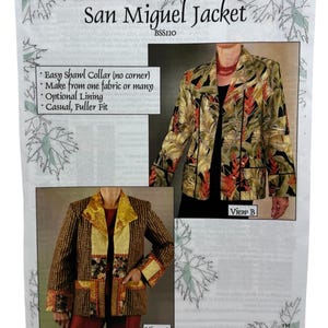 May include: A pattern sheet for the "San Miguel Jacket" by Brensan Studios. The sheet features two jacket designs: one with a tropical leaf print and another with a patchwork design. The text highlights features like an easy shawl collar and optional lining.