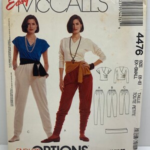 EASY McCall’s 4476 Misses Knit Mock Wrap Top Pants and Sash Belt Comfy Stretch Knit 3 Length Pants Size XS 6-8 UNCUT