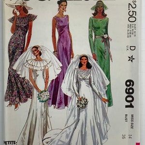 Vintage 70s Bridal Dress Wedding Gown and Bridesmaids Dress Sewing Pattern Fit and Flare and Train Option Size 14 Bust 36 UNCUT FF