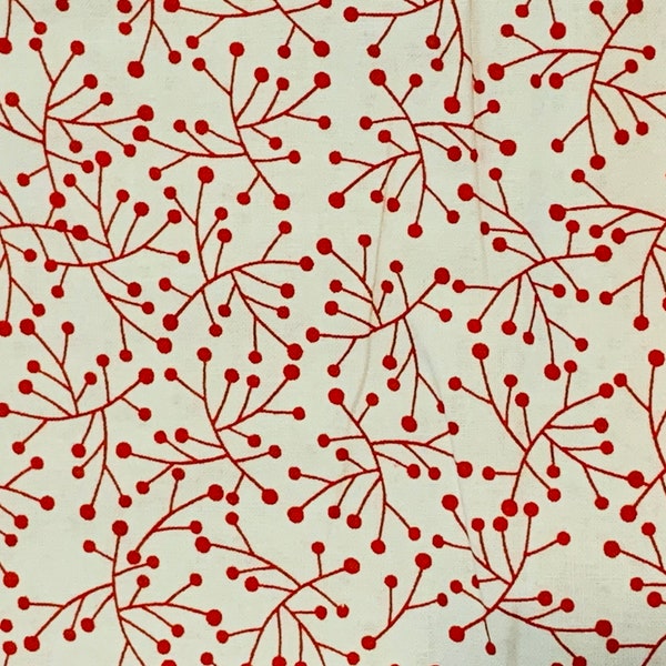 Red Berries on Tree Branches Cotton Fabric White Background Sold by the Yard OOP