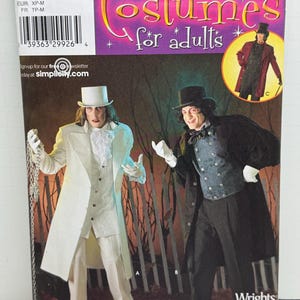 May include: Simplicity costume pattern with two adult costume designs. The cover has the text "Costumes for adults" in a purple and yellow design. The costumes include a white suit with a top hat and a black suit with a top hat.