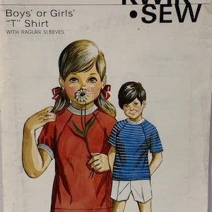 Vintage Girl’s and Boy’s  Tee Shirts Unisex Children’s Tops Pattern Ribbed Collar and Sleeves Kwik Sew 345 60s/70s AGES 2 4 6 UNCUT