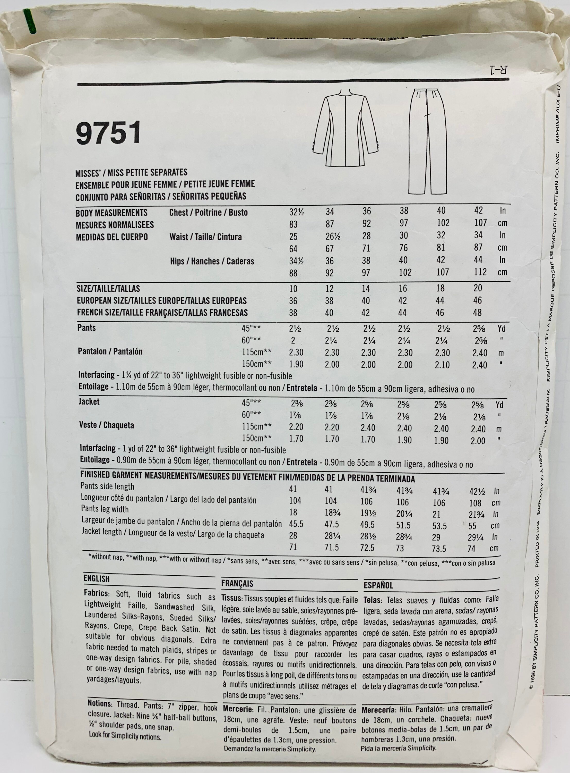 Easy to Sew Button Front Tunic Top Jacket Straight Leg Pants Sewing ...