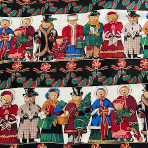 May include: A Christmas fabric featuring a repeating pattern of teddy bears dressed in festive attire, singing carols and holding gifts. The bears are surrounded by holly, bows, and ribbons on a white and black background.