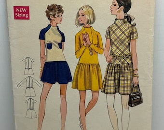 Butterick 5700 Vintage 60s  One Piece Dress Sewing Pattern Drop Waist High Neck Size 10 Bust 32.5 UNCUT FF