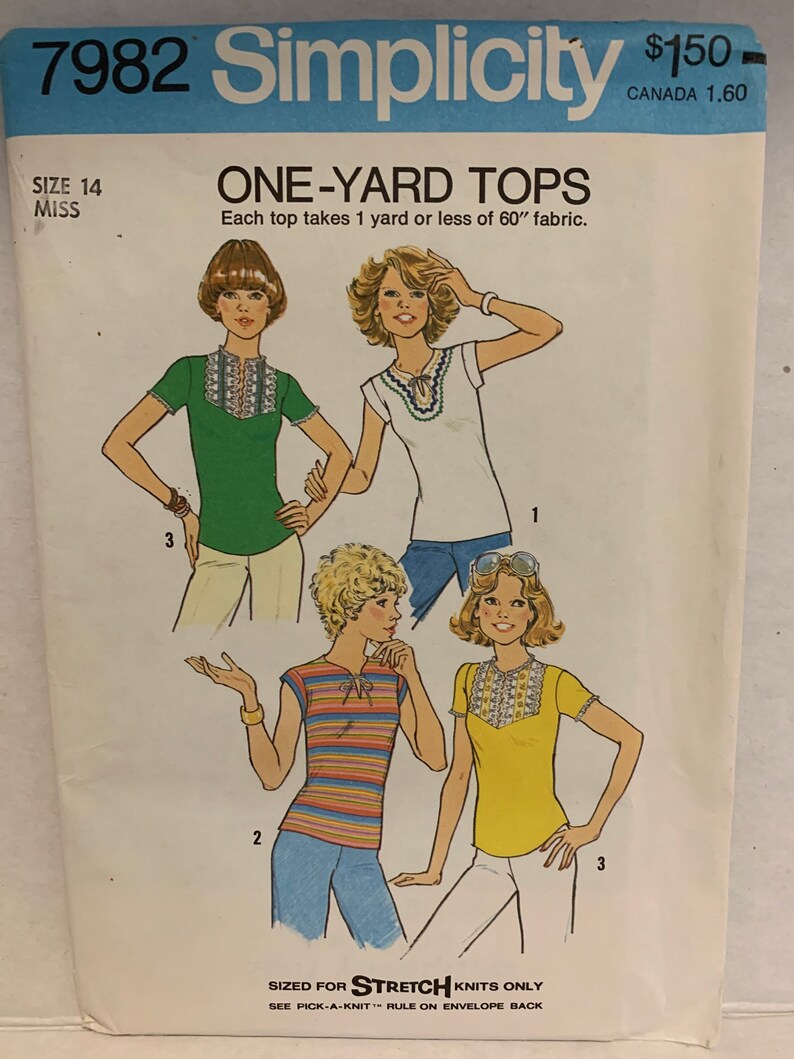 Vintage 1970s Simplicity 7982 Misses Knit Tops Fitted Shirts Sewing Pattern One Yard of Fabric Size 14 Bust 36 UNCUT FF image 2