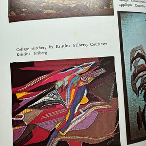 May include: A colorful abstract collage made of fabric scraps sewn together. The fabric is in shades of red, orange, yellow, blue, purple, and brown. The collage is framed with a black border.