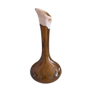 May include: A brown ceramic vase with a white rim and a narrow neck. The vase has a bulbous base and a smooth, glossy finish.