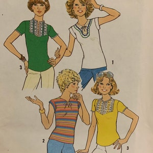 Vintage 1970s Simplicity 7982 Misses Knit Tops Fitted Shirts Sewing Pattern One Yard of Fabric Size 14 Bust 36 UNCUT FF image 1