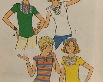 Vintage 1970s Simplicity 7982 Misses Knit Tops Fitted Shirts Sewing Pattern One Yard of Fabric Size 14 Bust 36 UNCUT FF