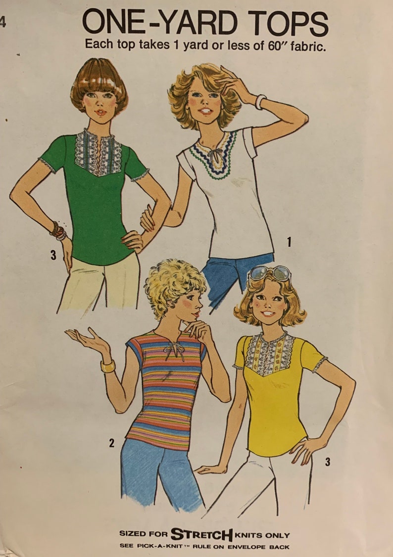 Vintage 1970s Simplicity 7982 Misses Knit Tops Fitted Shirts Sewing Pattern One Yard of Fabric Size 14 Bust 36 UNCUT FF image 1