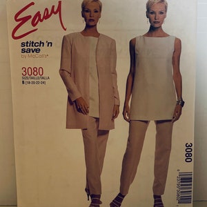 May include: A sewing pattern for a sleeveless top and pants. The pattern is for sizes 18-20-22-24. The pattern is called "Easy Stitch 'n Save" by McCall's. The pattern number is 3080.
