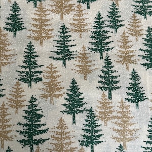 Green and Gold Pine Trees Christmas Fabric Cotton Beige Background You Choose Length