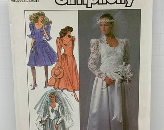 Vintage 80s Simplicity 8414 Misses Satin or Taffeta Bridal Gown and Bridesmaid Dress Sewing Pattern Wedding Size 14 Bust 36 UNCUT FF