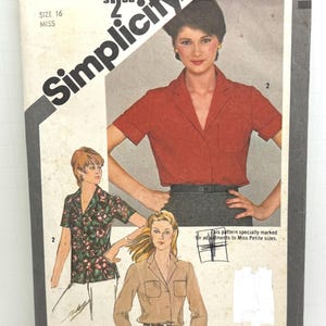 May include: Vintage Simplicity sewing pattern, size 16 Miss. The pattern features illustrations of women's shirts in various styles. The cover has the Simplicity logo and the number 9774. The text on the cover says "This pattern specially marked for adjustments to Miss Petite sizes."