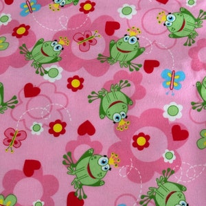 Frog Prince Hearts and Flowers Pink Flannel Fabric Soft Cotton Bright Sold by the Yard