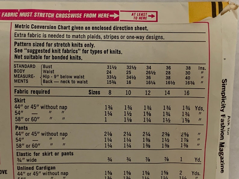 Vintage Simplicity 5452 Womens Misses Unlined Cardigan Jacket Pants and Skirt Sewing Pattern Size 16 1970s Neatly Cut and Complete image 5