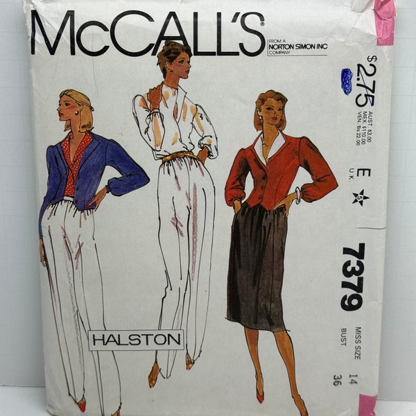 McCall’s 7379 Halston Designer Misses Suit Pantsuit Sewing Pattern Blazer Jacket Skirt Pants Slacks Sizes 14-16-18 B36  UNCUT FF