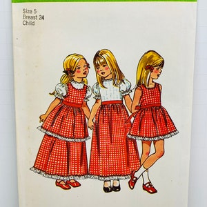 Girls Cottagecore Ruffled Dress and Pinafore Sewing Patterns Vintage 1970s Apron Dress Simplicity 5383 or 5534 Size 5 UNCUT FF image 2