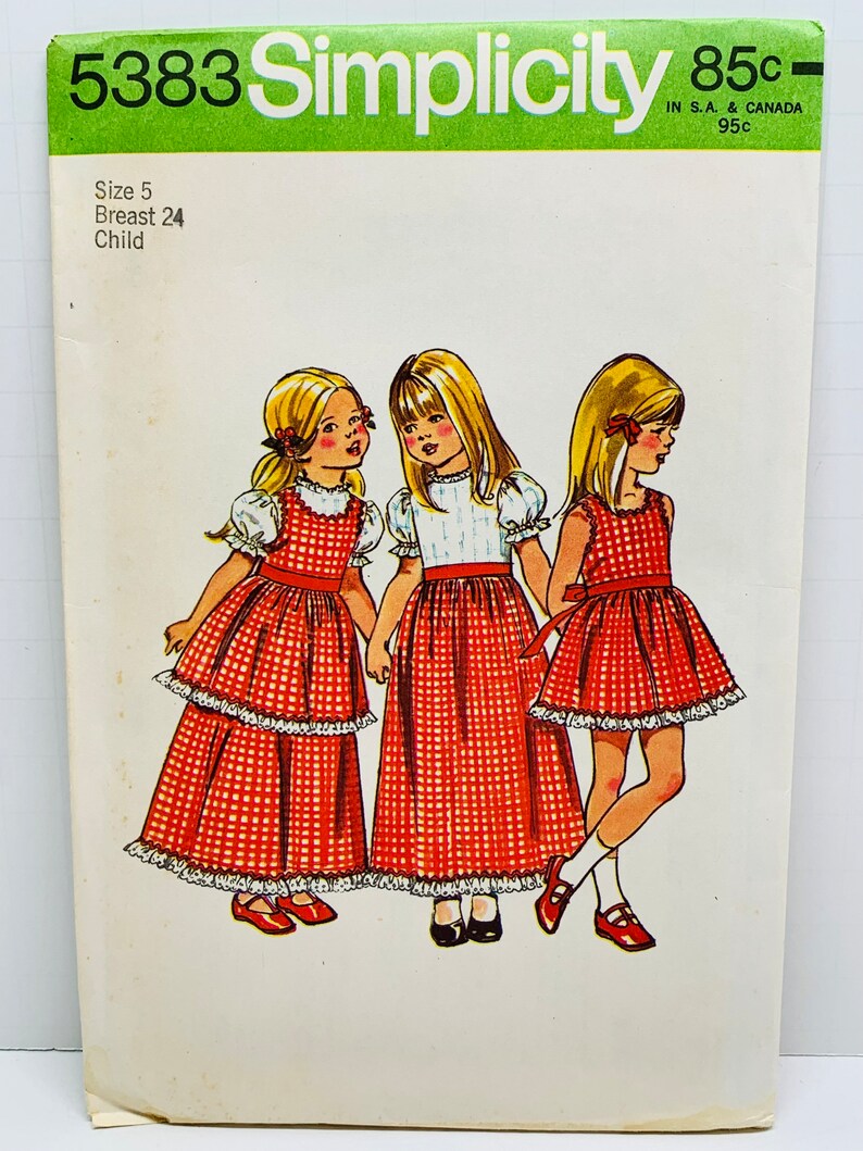 Girls Cottagecore Ruffled Dress and Pinafore Sewing Patterns Vintage 1970s Apron Dress Simplicity 5383 or 5534 Size 5 UNCUT FF image 2