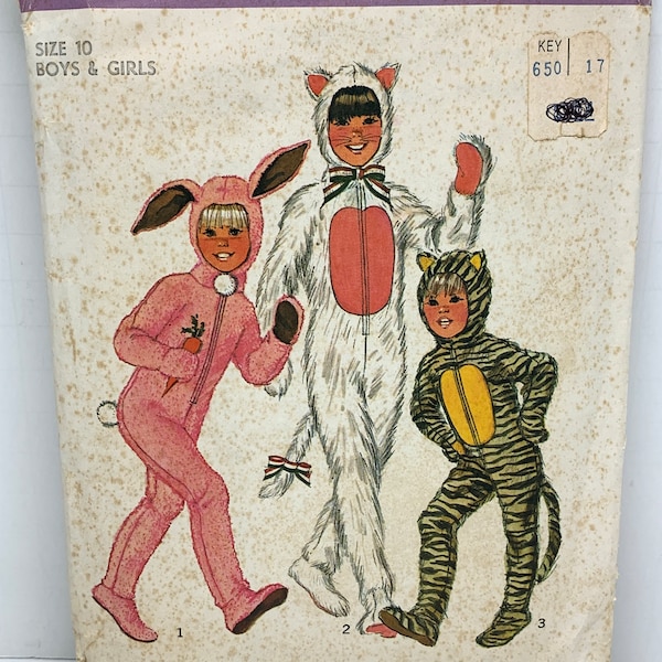 1970s Child’s Halloween Costume Simplicity 7683 Bunny Cat and Tiger  Sewing Pattern Size 10 Unisex Boy Girl Costumes