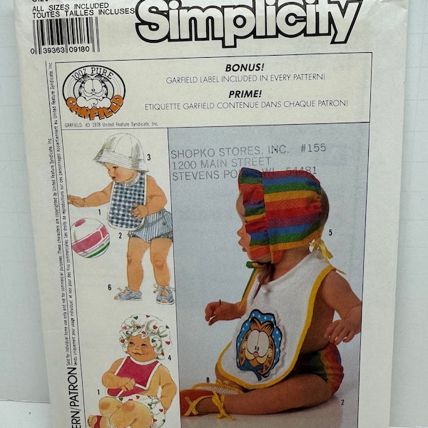 Simplicity 9222  Garfield Infant and Baby Accessories Sewing Pattern Bonnet Hats Bib Diaper Cover with Snaps Fits NB-18 Months UNCUT FF