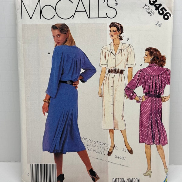 McCall’s 3456 Misses Fromt Button Dress with Back Pleat  Sewing Pattern Kick Pleat Loose Fit Dress Size 14 B36 UNCUT FF