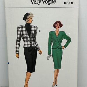 May include: A sewing pattern for a women's suit. The pattern is for sizes 8-10-12. The pattern shows a black and white checkered jacket and skirt and a solid green jacket and skirt.