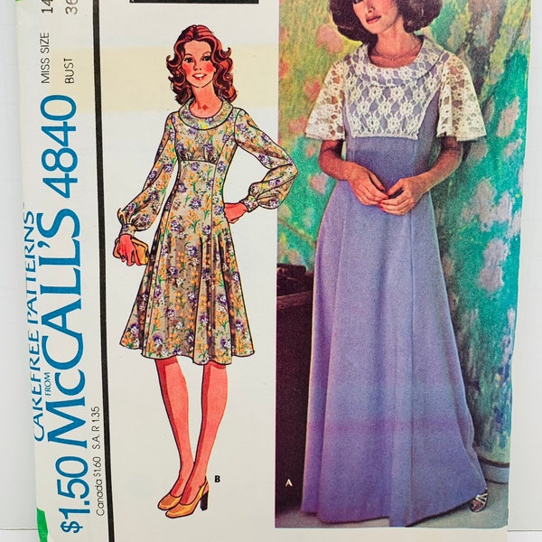 Vintage 70s McCall’s 4840 Misses High Waisted Dress with Lace Overlay Sewing Pattern Flat Collar, Lace or Flared Sleeves Size 14 B36 UNCUT